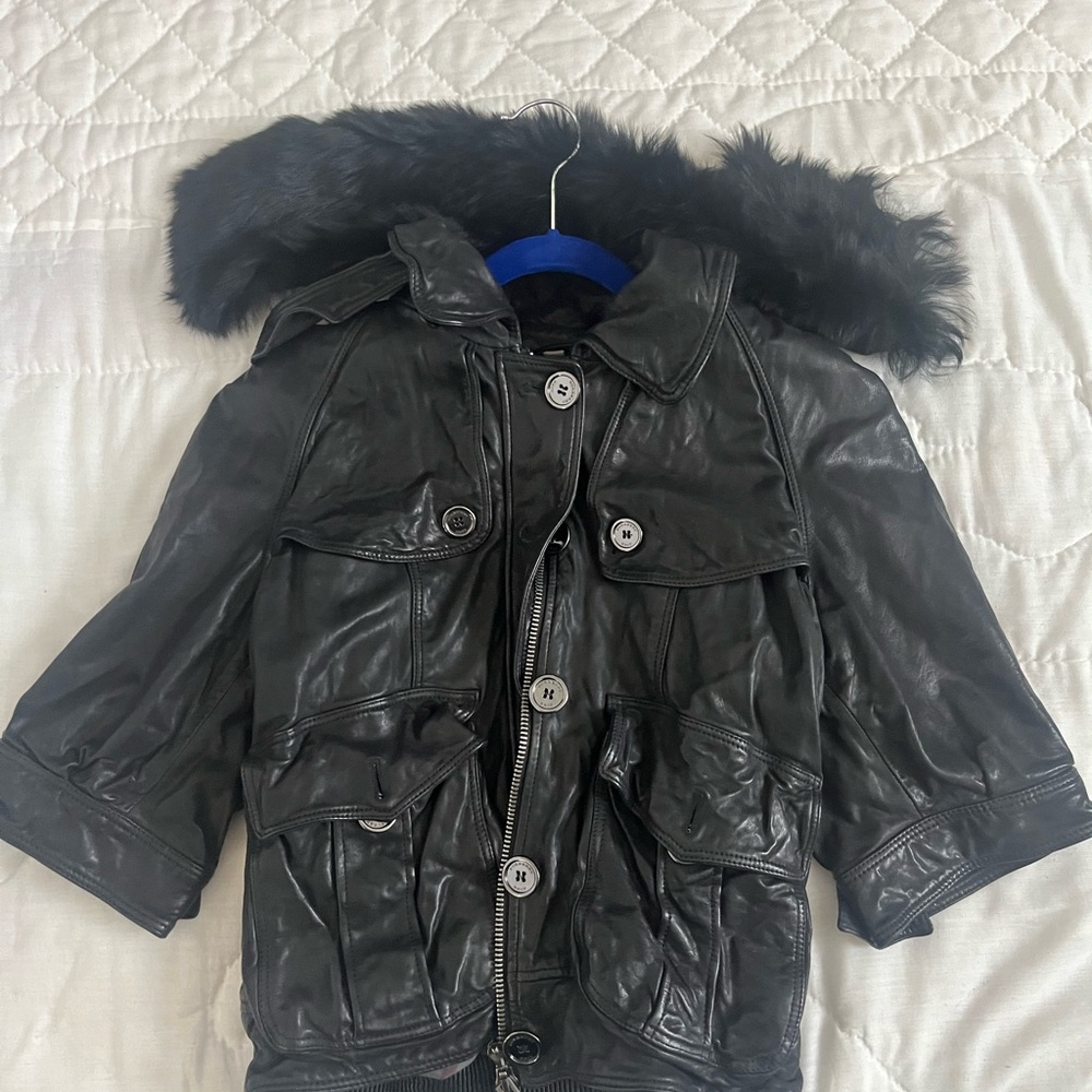Burberry Black Leather Jacket with Fur Trim